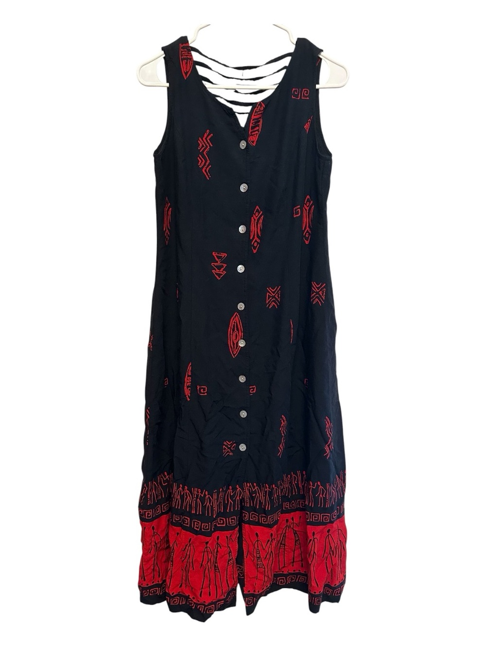 Vintage 90’s R&K Originals Black Midi Dress with Red Tribal Accents Size 10P